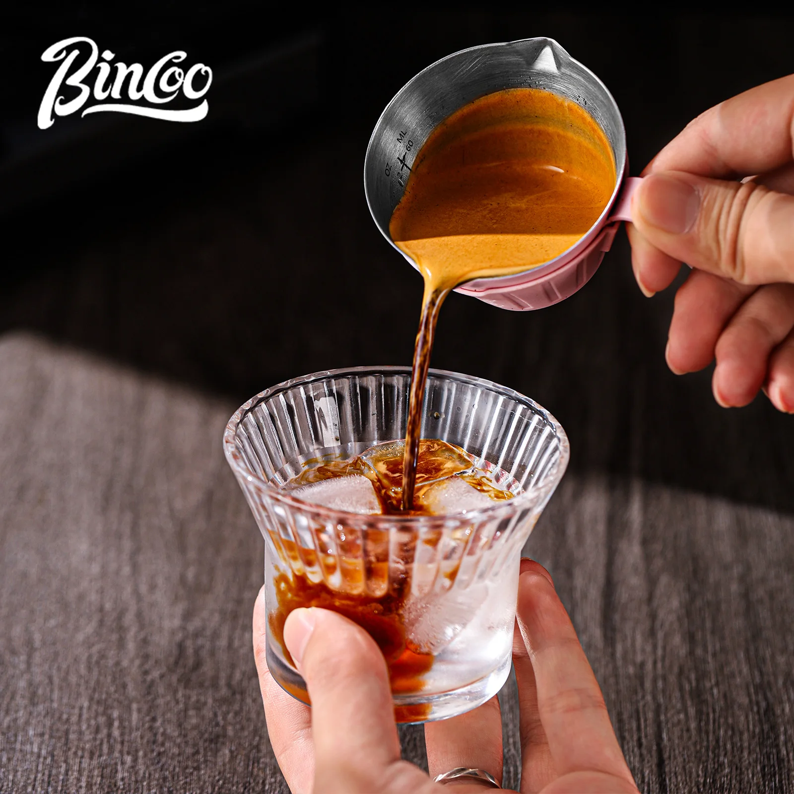 Bincoo Professional Coffee Measure 304SS 90ml، فوهة مزدوجة مع غلاف من السيليكون، كوب استخلاص الإسبريسو