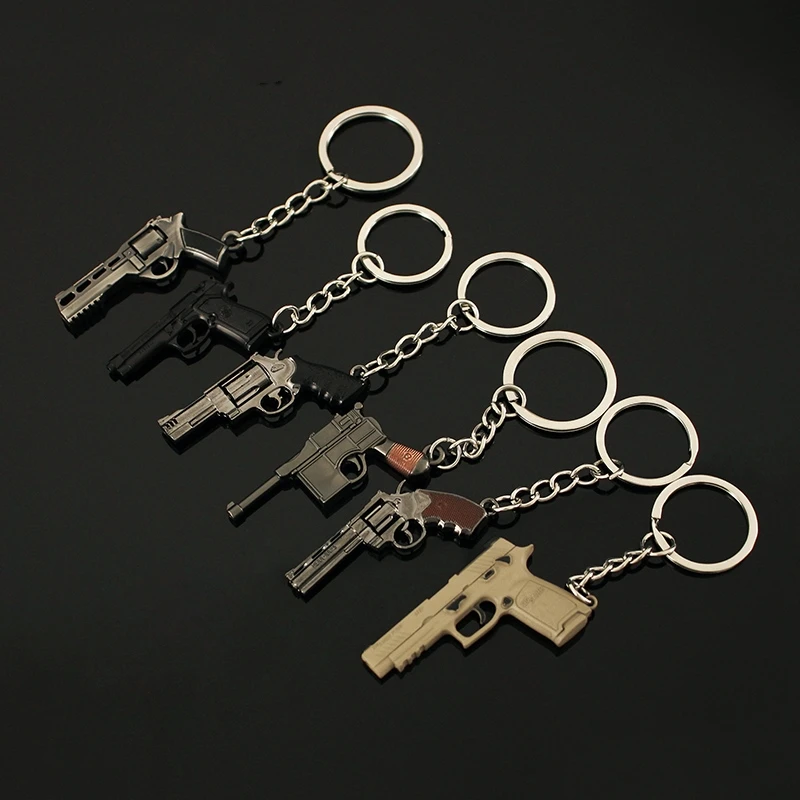 Multiple Styles PUBG Gun Keychain 5cm Revolver Glock Mini Metal Pistol Weapon Model Alloy Colt Light Key Chain Gifts Toy for Kid