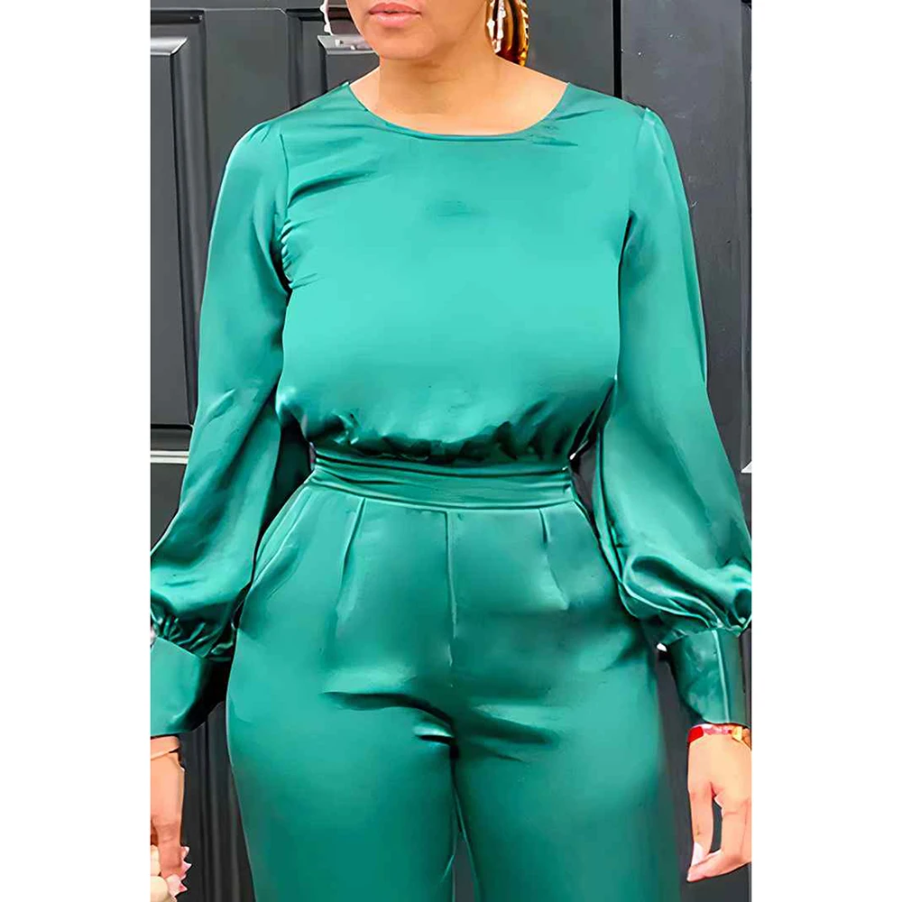 Plus Size Business Casual Green Satin Pants Set Round Neck Lantern Sleeve Wide Leg Two Pieces Pants Set