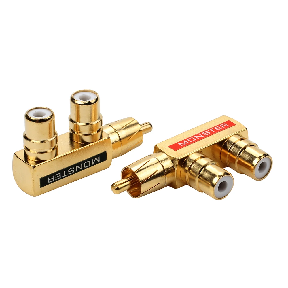 1/6PC RCA One Divided into Two Monster Full Copper Gold Plated Gun Type Lotus Male to 2 Female Audio Adapter
