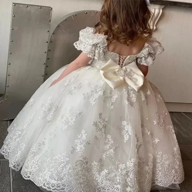 

Flower Girl Dresses for Wedding Lace Off Shoulder Puffy Short Sleeve Elegance Communion Gown Ivory Birthday Christening