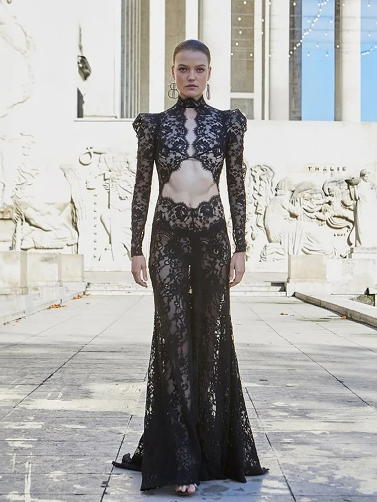 Abito lungo da donna con taglio maxi in pizzo Abito da mattina da sposa sottile con spacco alto sexy senza schienale e maniche lunghe con scollo a V profondo