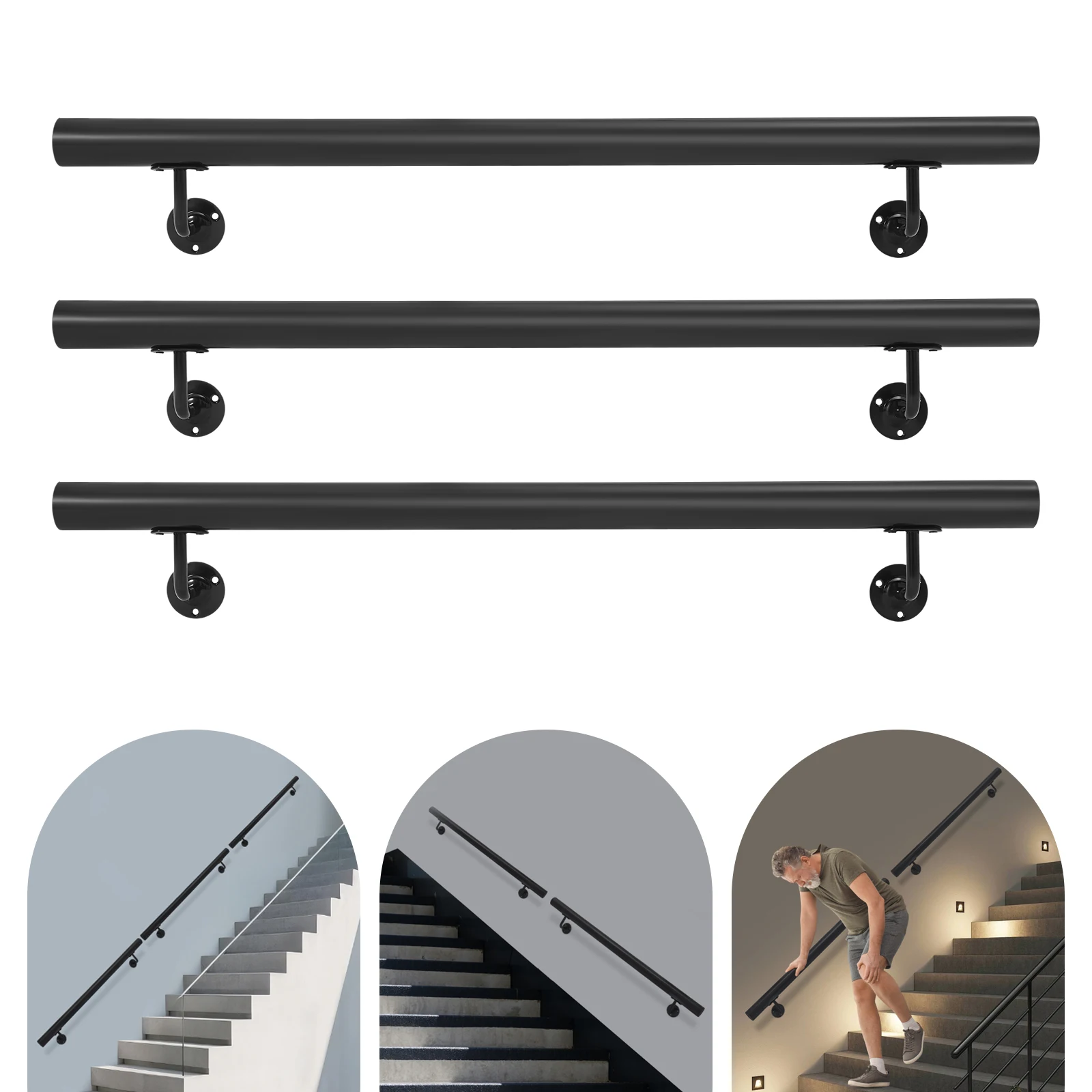 Stainless Steel Stair Handrail,10FT 200lbs Black/Silver Rectangle/Cylinder Wall Mounted Stair Handrail for Indoor and Outdoor