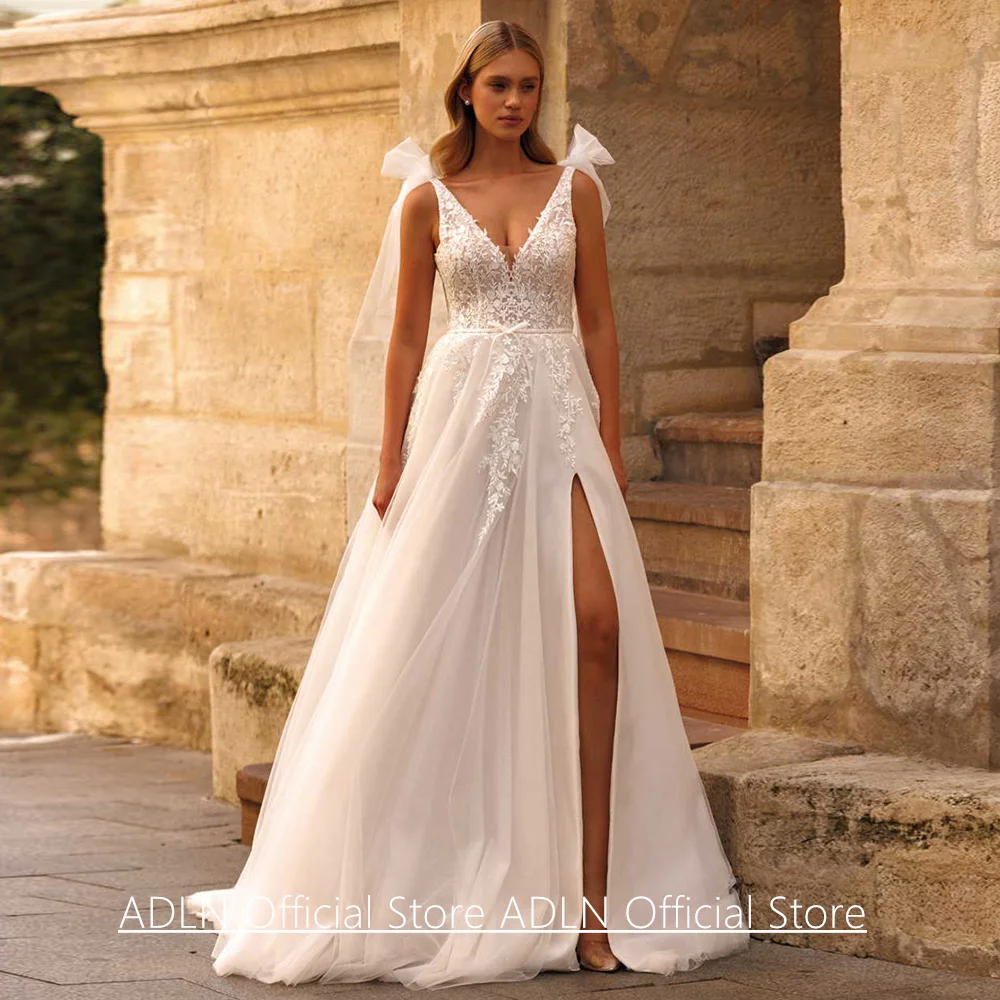 Klasyczna suknia ślubna dla kobiet, suknia ślubna na zamówienie, bez rękawów, dekolt w serek, tren zamiatający, zamek błyskawiczny z tyłu, rozcięcie, suknia dla panny młodej.