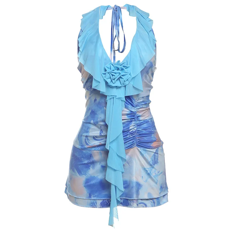 Tie-Dye Print Dress Women Lace-Up Halter Ruffles Patchwork Low-Neck Backless Vacation Beach Party Ruched Mini Bodycon