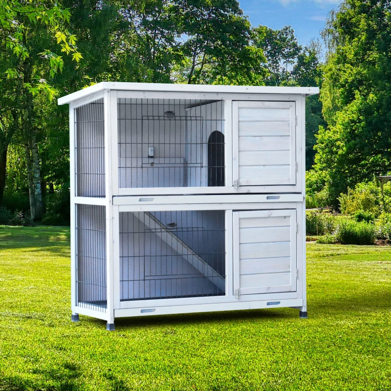 Bunny Cage with 2 Removable No-Leak Trays, Pet Cages with Non-Slip Ramp, Waterproof Roof, Fence, for Small Animals