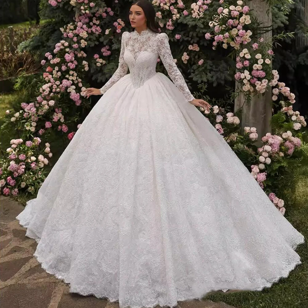 Przepiękne suknie ślubne z aplikacjami z koronki dla panny młodej, szyte na miarę, z wysokim dekoltem, długimi rękawami, suknia ślubna w stylu saudyjskim, Robe De Mariee