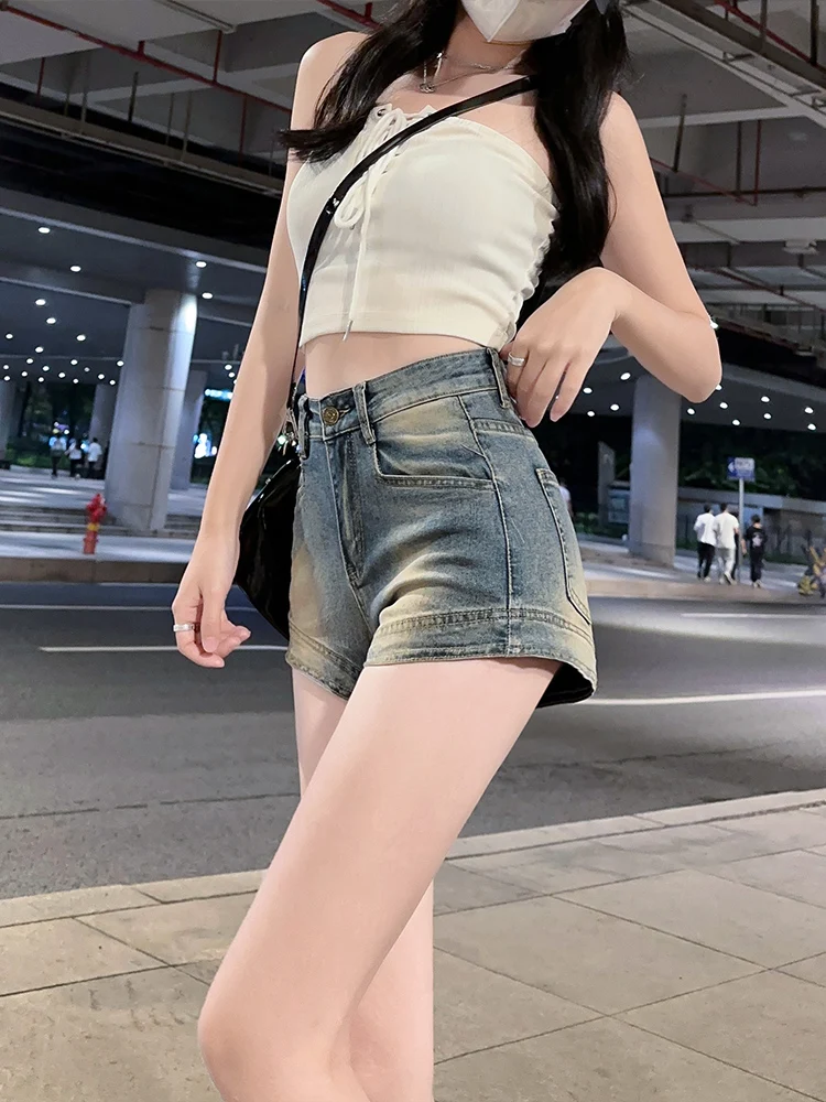 

Retro High Waist Denim Shorts Women's Summer Thin Slimming A-Line Large Size Fat MM Super Short Hot Pants Cotton Stretch Fabric
