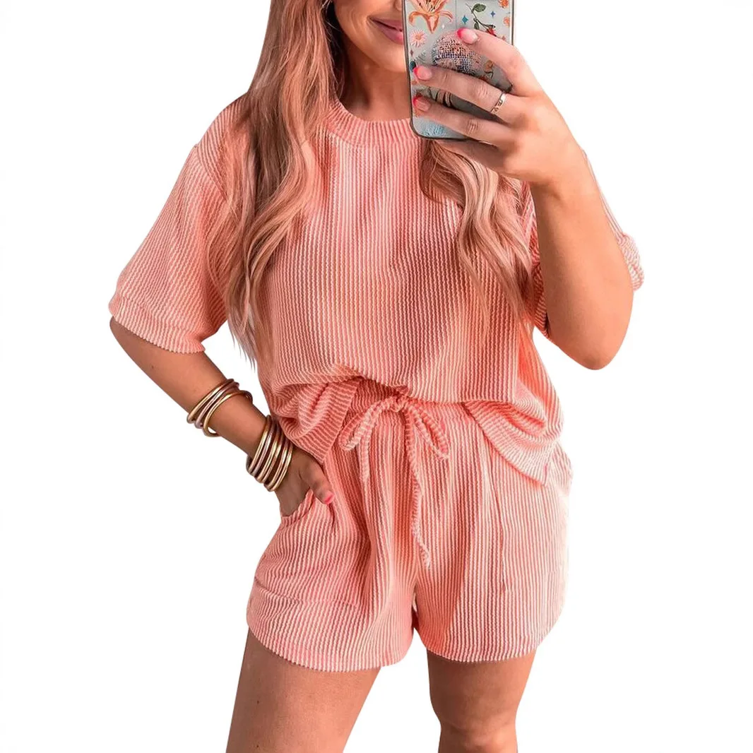 

Women Pajama Sets Striped Short Pant Two Pieces Set Round Neck Tops Drawstring Shorts Casual Sleep Lounge 2025 Pockets