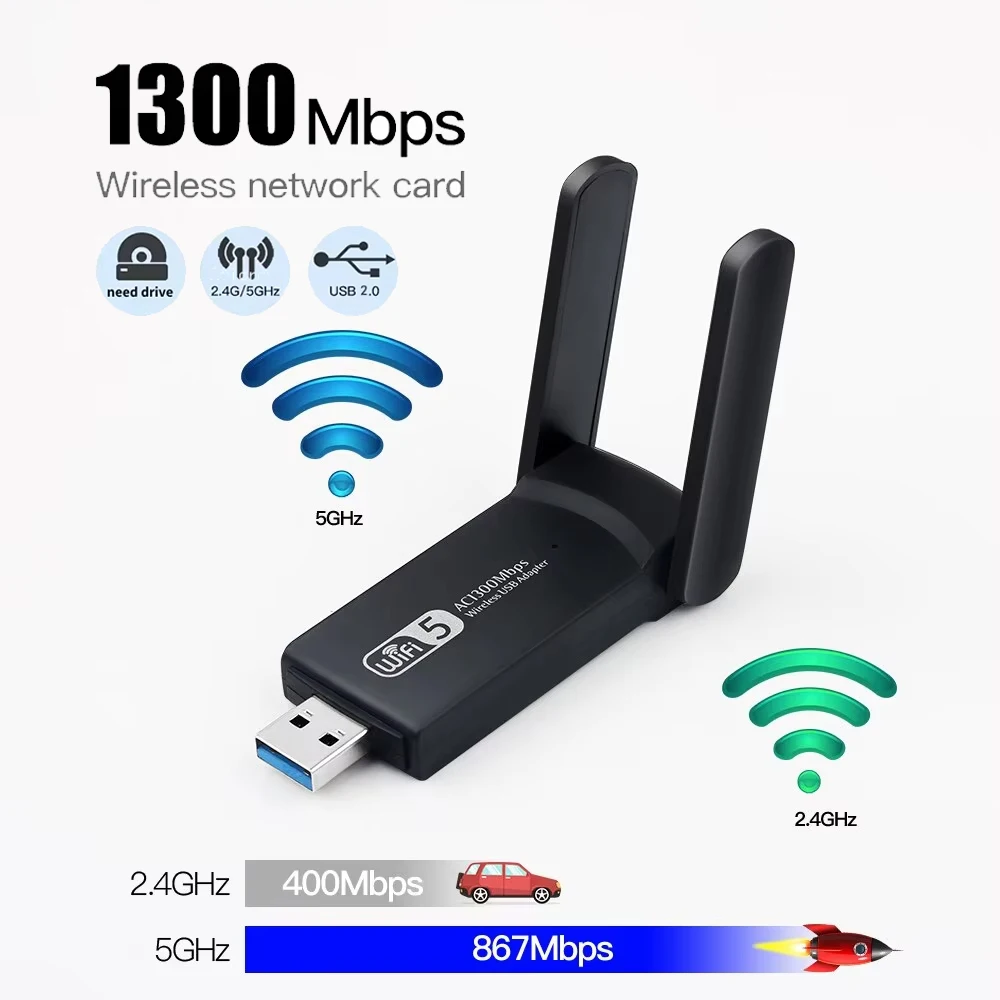 

1300 Мбит/с USB-адаптер Wi-Fi 2,4G/5 ГГц двухдиапазонная сетевая карта 802.11AC WiFi 2 антенный ключ для ПК/драйвера ноутбука Бесплатная доставка Win10/11