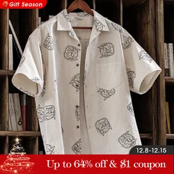 Maden Men's Japanese Vintage Linen Sense Print Shirts 100% Cotton Loose Short Sleeve Shirt Blouses 2023 Summer Workwear Tops