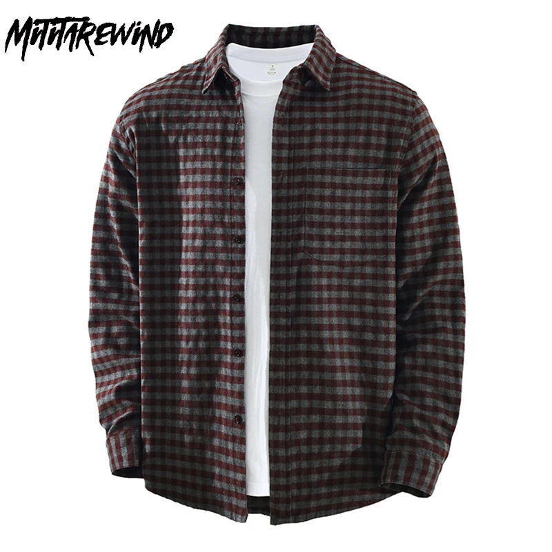 

Japanese Vintage Red Plaid Shirt Men Long Sleeve Fall Winter New Mens Shirts Lapel Pocket Top Daily Casual Button Shirt Jackets