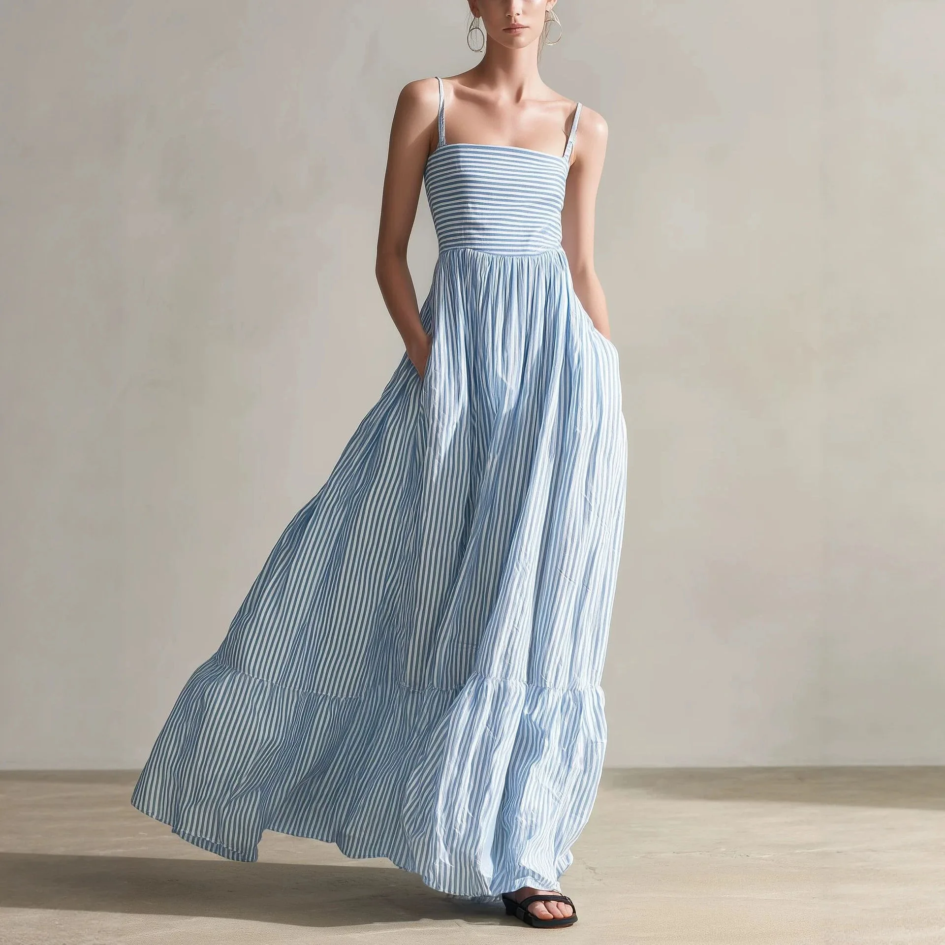 

New 2026 Women's Casual Striped Woven Sleeveless Skinny Shoulder Strap Long Dress