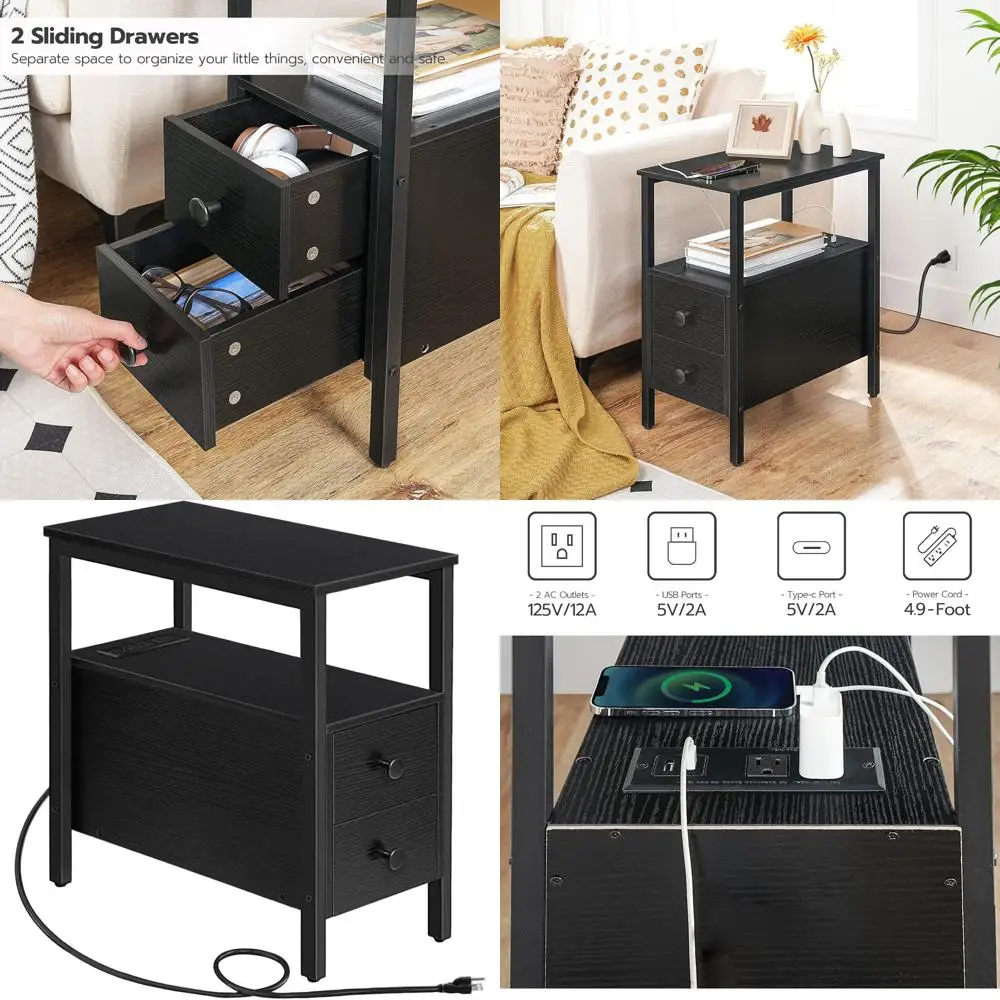 

Compact Side Table with 2 Drawers, USB & Power Outlets, Ideal for Small Spaces - Black