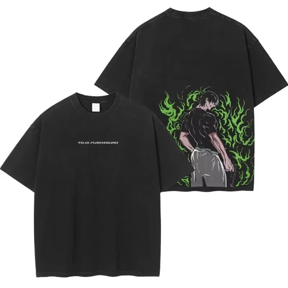 Japońskie Anime Koszulka 100% Bawełna Anime J-Jujutsu K-Kaisen Vintage Wash Luźna Koszulka Plus Size Krótki Rękaw