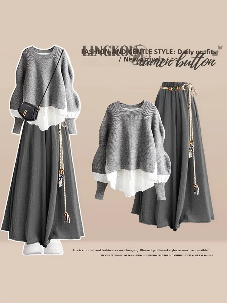 

Элегантный комплект больших размеров для весны и осени: женский вязаный свитер в стиле кэжуал и юбка-брюки с высокой талией, длинный рукав, комплект из двух предметов.