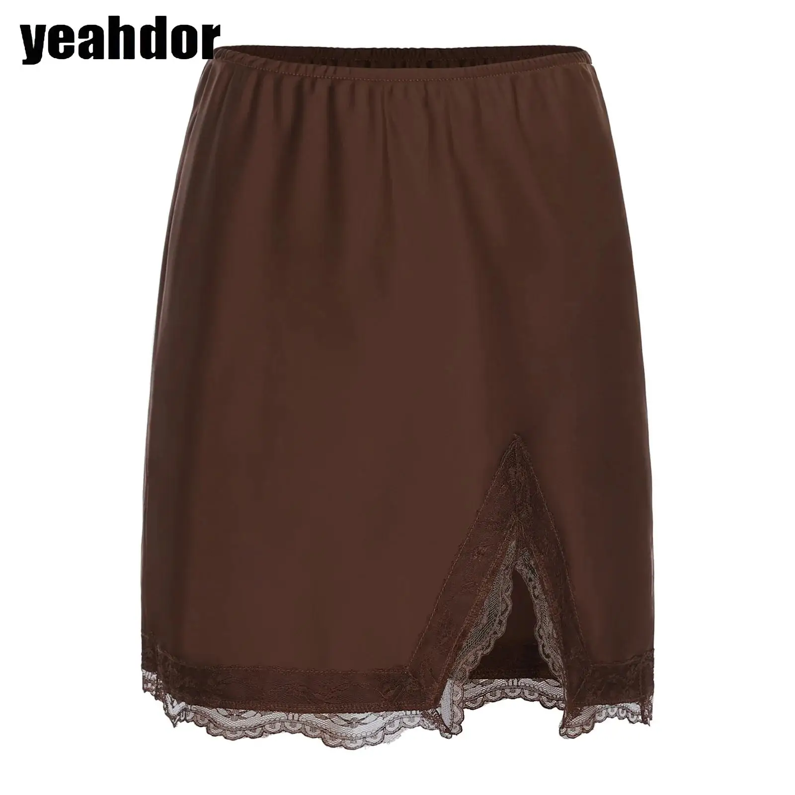 

Women High Waist Mini Skirt Satiny Lace Skirt Elastic Waistband Half Slip Split Underskirt Bodycon Skirt Blouses Shirts Clubwea