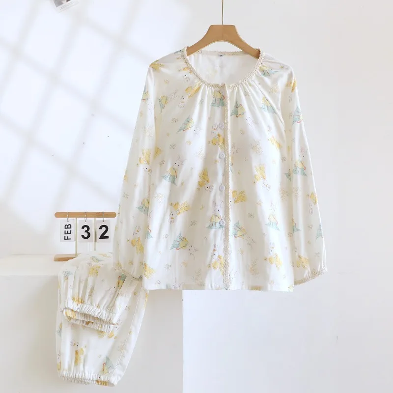 طقم بيجامة نسائي جديد لربيع وخريف 2025 100% قطن شاش مع حصيرة صدر بيجامة بأكمام طويلة ملابس منزلية طقم مكون من قطعتين #2