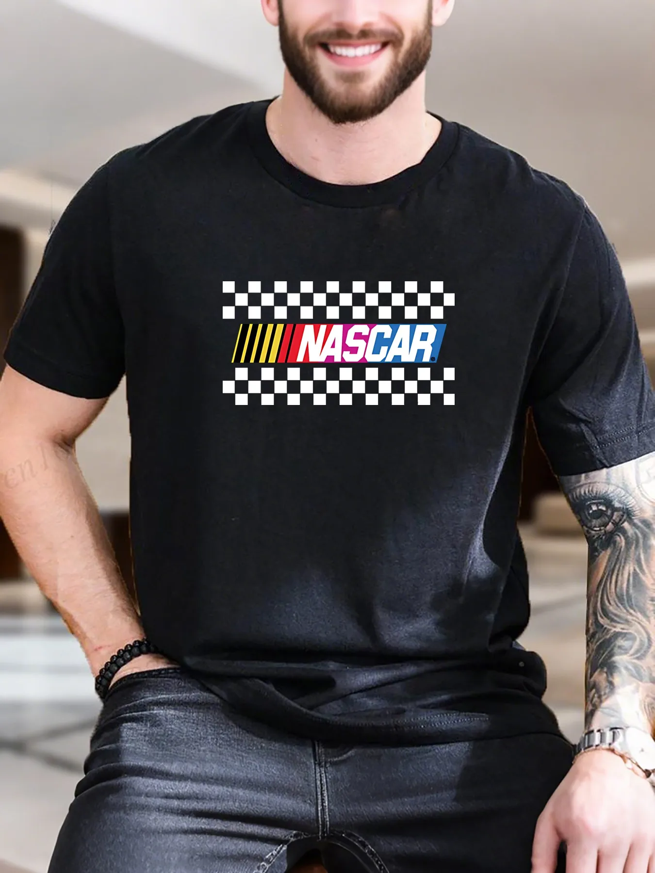 Men's Nascar Print Pure Cotton T-Shirt - Yellow & Red Racing Stripe Design, Breathable Soft Tee for Casual Wear, Comfortable Shirt