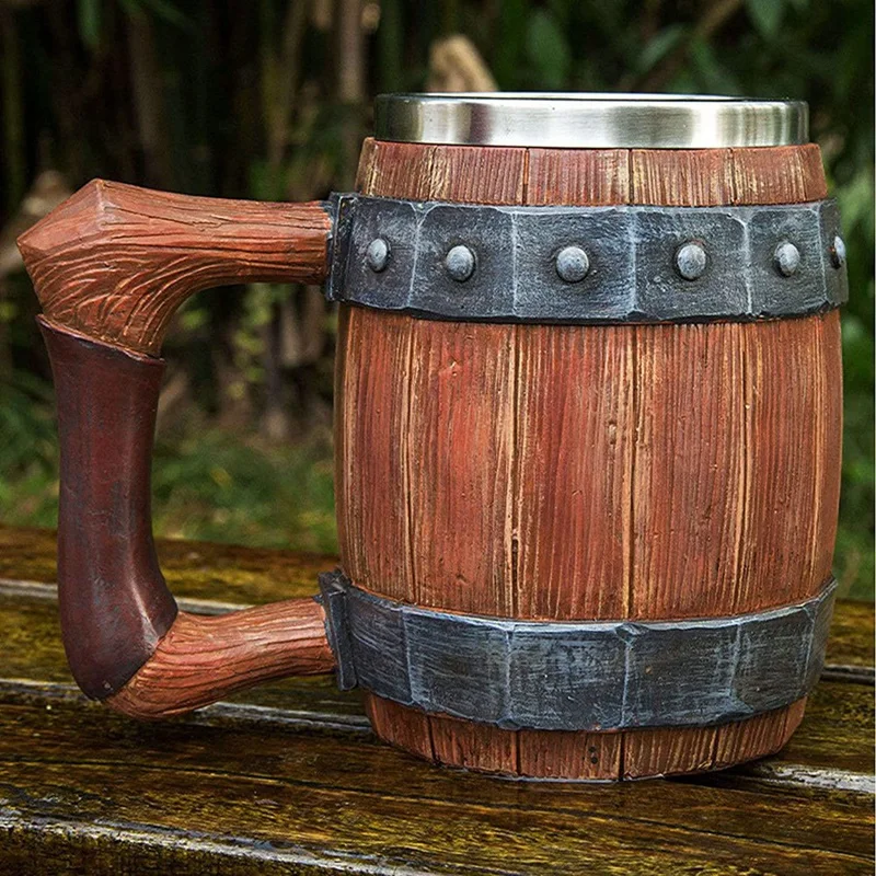 Mug Coffee Cup Tea Cup,Personalized Imitation Wooden Barrel With Leather Handle,Largecapacity Bar Mug Drinking Cup 600Ml