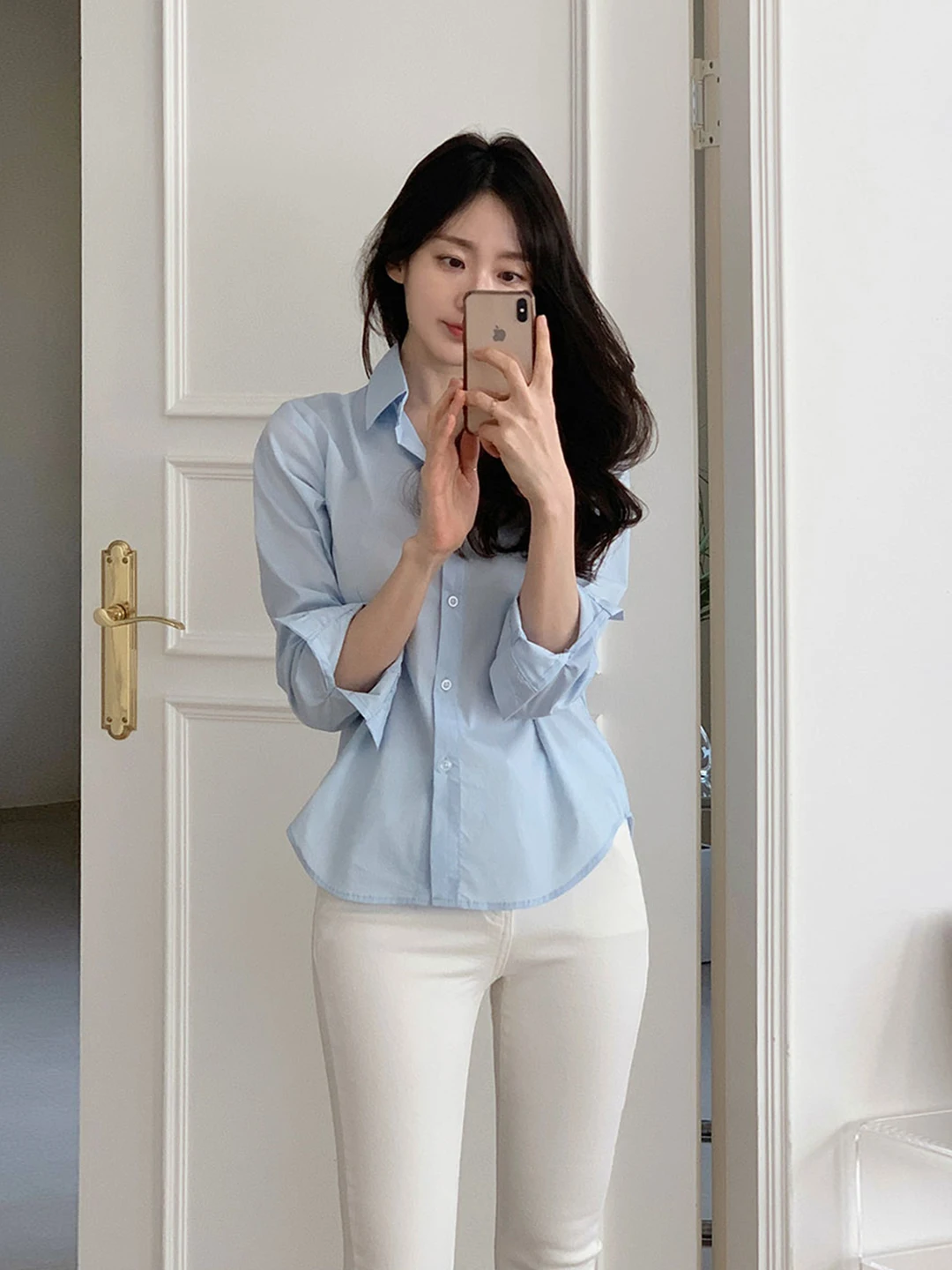 

Женская приталенная рубашка с длинным рукавом, с эффектом утяжки талии, удобная для повседневной носки, мягкая, синяя, универсальный топ в корейском стиле, из полиэфирного волокна