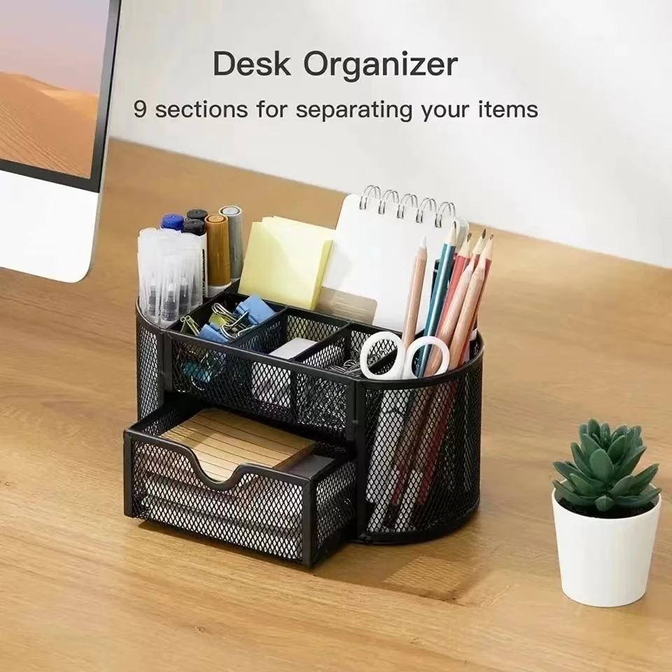 Organisateur de bureau en maille métallique avec design à 9 grilles, boîte de rangement à 9 compartiments, tiroir pour crayons, stylos, idéal pour le bureau bien rangé