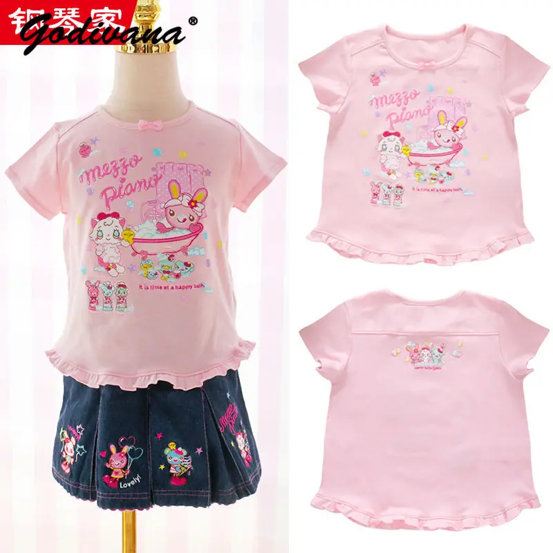 Sweet Little Girls Cute Cartoon Bathtub Bunny Print Embroidery Short-sleeve T-shirt Kids Summer New O-neck Bow Ruffle Trim Top