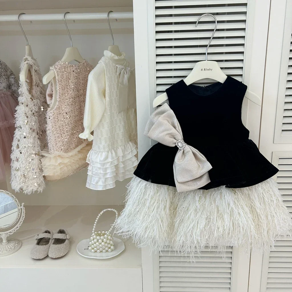 Baby Girls Dress Fashion Sweet Black Haute Couture Dress Childrens Girls Bowknot Furry Sundress 2024 Autumn Winter New Style