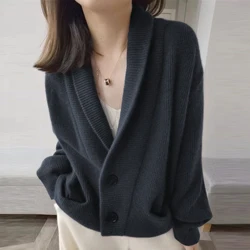 Autumn Winter Women Clothes Minimalist Vintage Chic Pockets Knitted Cardigan Casual Solid V Neck Long Sleeve Loose Sweater Coats