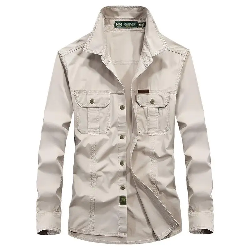 

Cotton Men's Long Sleeve Shirt Workwear Multi Pocket Casual Style Thin Fabric Deformable Easy Care Pure Color Men's Shirt