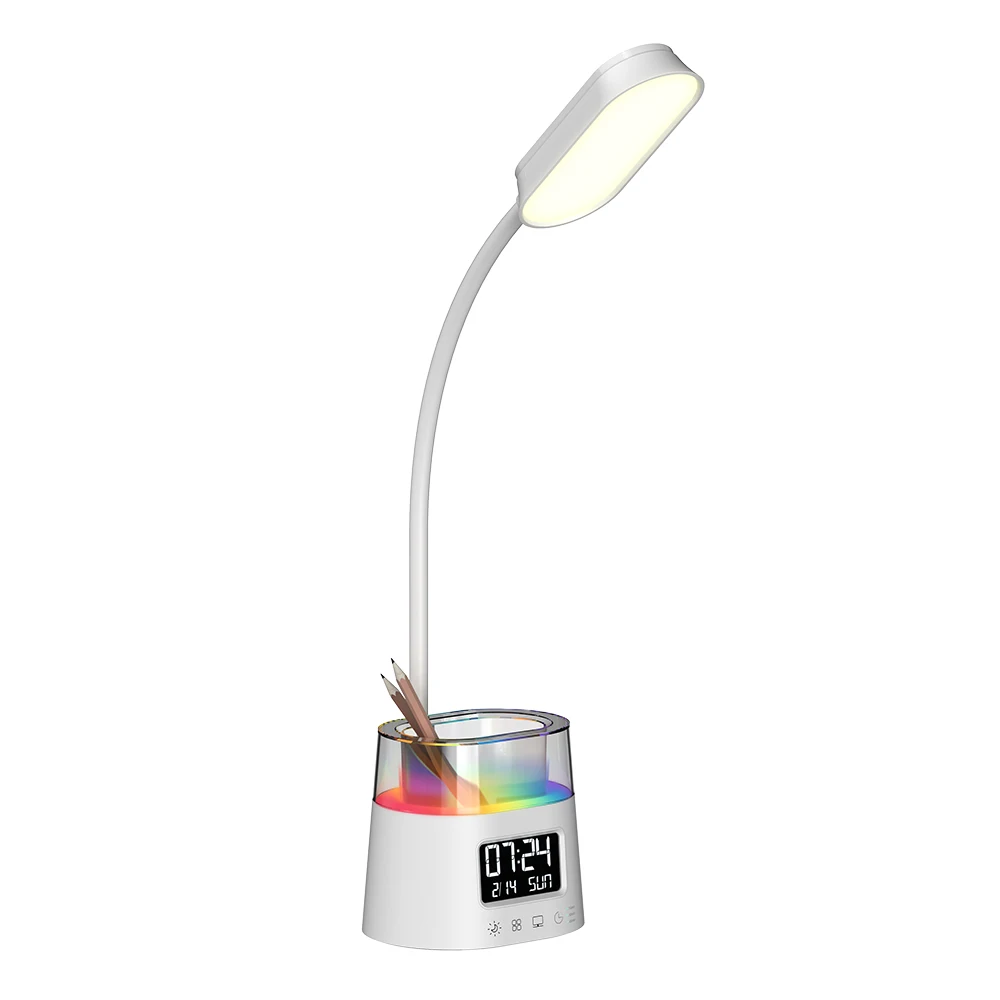 

Adjustable timer touch dimming fold flexible neck colored table night light Led study reading desk lamp with pen holder