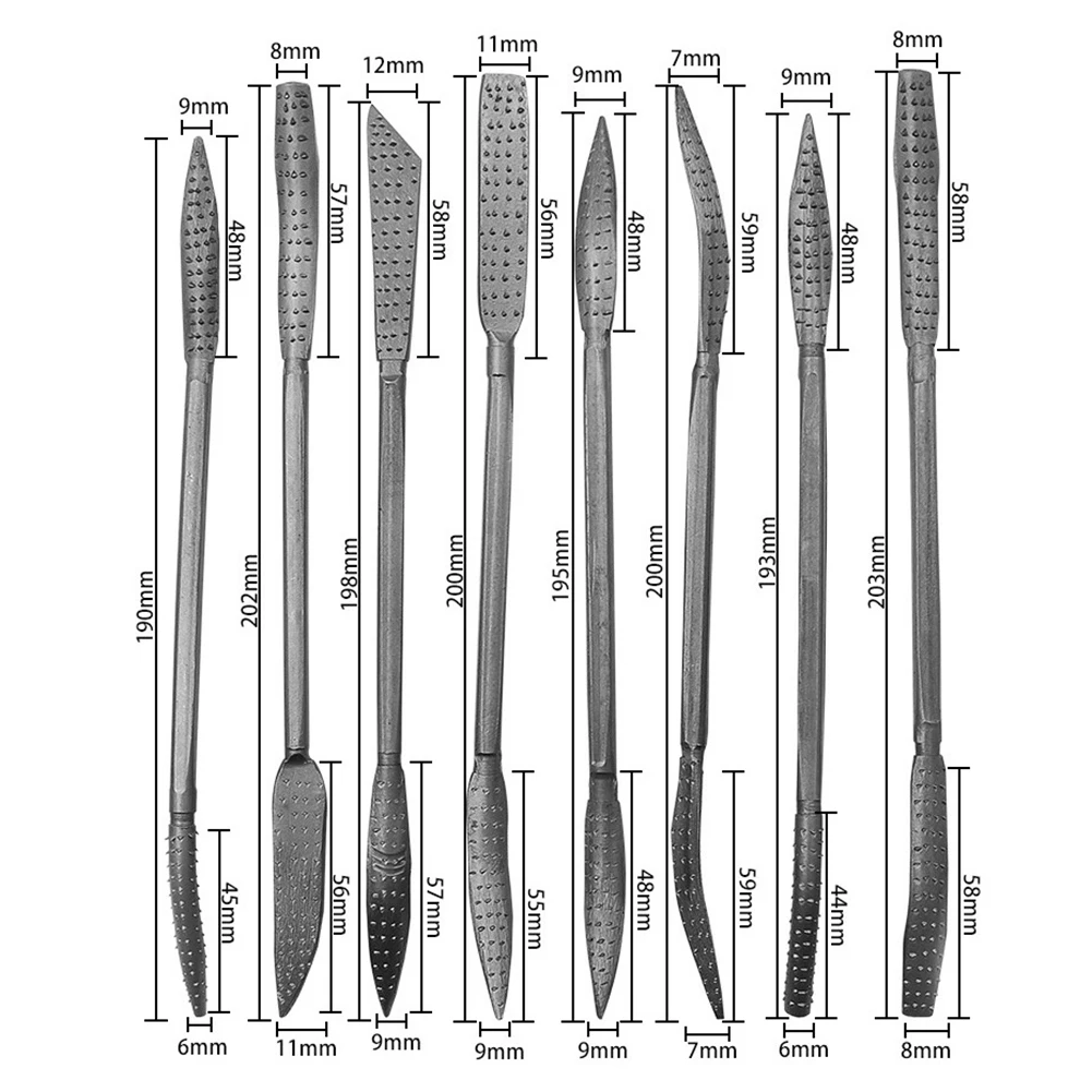 

8pcs Coarse Riffler Files 190mm Carbon Steel Curved Hand Tools Professional Wood Rasp File Set Woodworking Carving