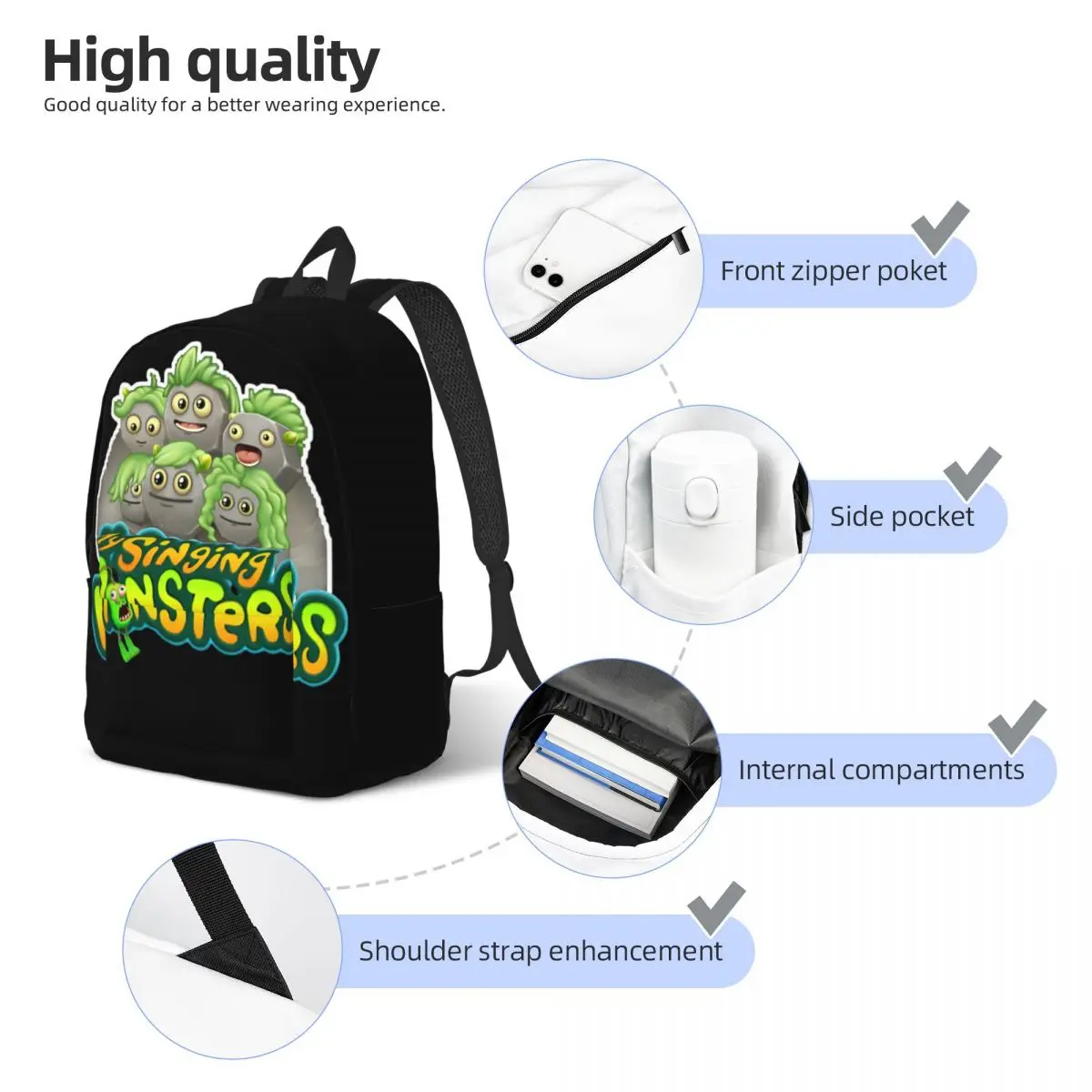 Moje śpiewające potwory dla nastolatków Student School Bookbag Daypack Middle High College Hiking