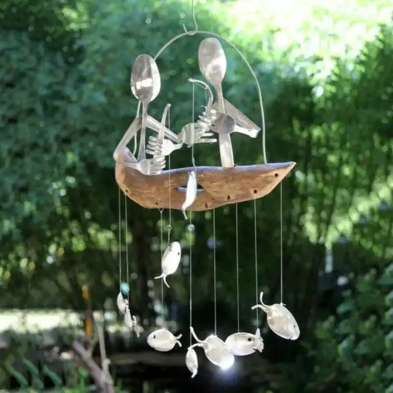 FISHING MAN SPOON FISH SCULPTURE WIND CHIME Angler Wind Chime Wooden Boat Fishing Spoon Head Bells Decorative Hanging Decoration