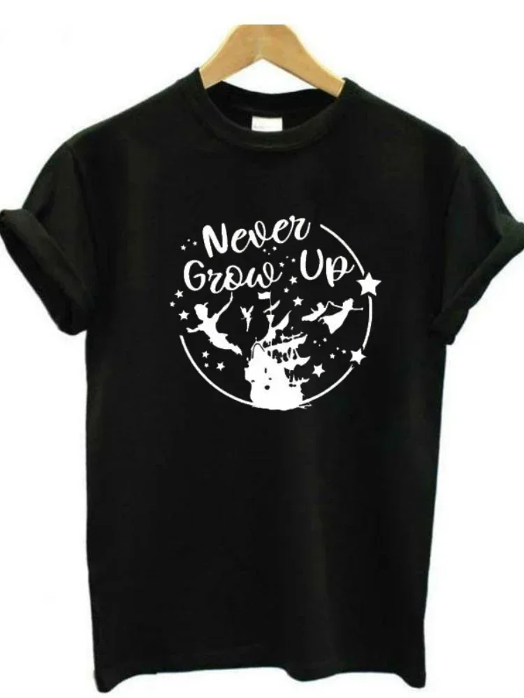 Camiseta con estampado de letras Never Grow Up para Mujer, camiseta holgada de manga corta con cuello redondo, camiseta de verano para Mujer, Tops, ropa, Camisetas para Mujer