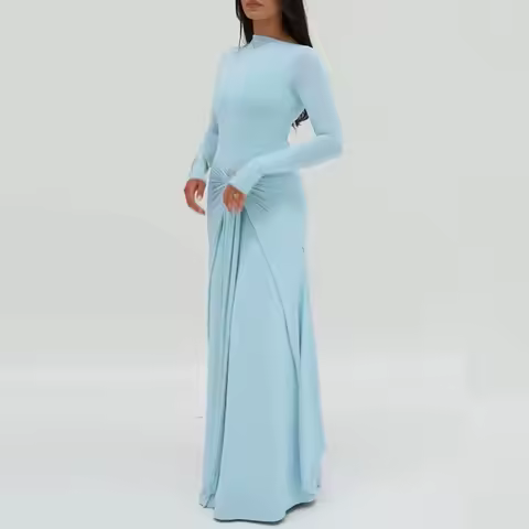 Elegant Temperament Evening Dress Blue O Neck Long Sleeved Pleated Women's Dresses Spring Summer High Waist Slim Fit Robe Dress