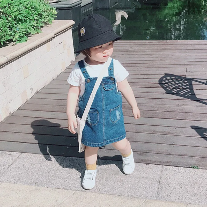 Girls Straight Jean Back Dress with Pockets 0-4 Years Old Baby Girl Summer Knee Jeans Back Skirt Kids Overalls