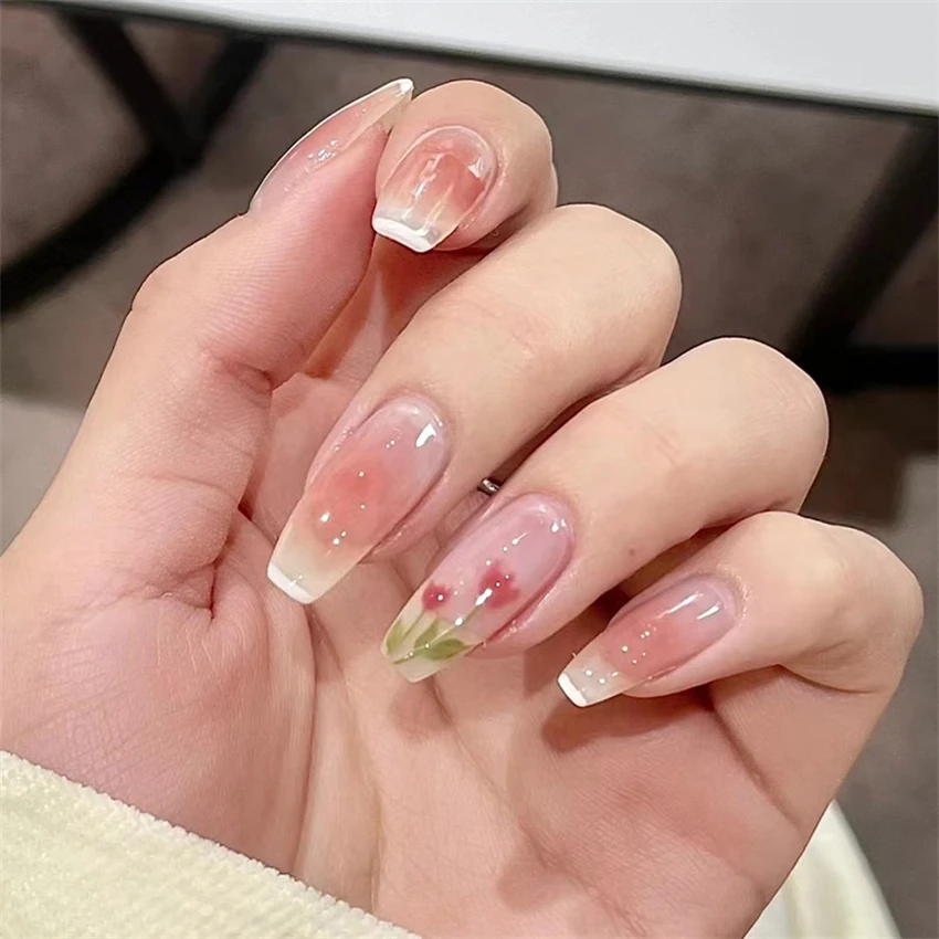 24Ps/Set Acrylic Korean Fake Nails Spring Three Dimensional Wearing False Nails Full Coverage Square Head Press on Nail Nail Art