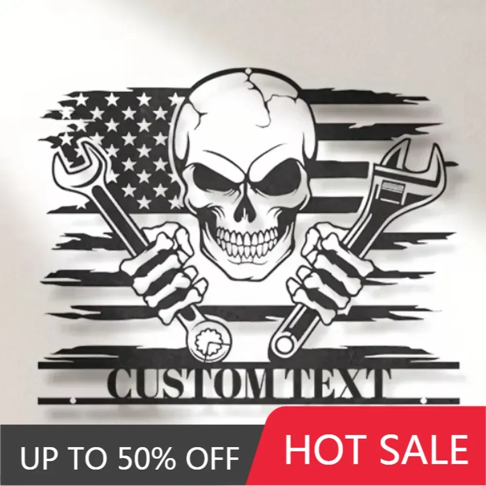 

1PC Distinctive Custom US Skull Mechanic Metal Wall Art. Garage Name Personalized, Vintage Style,Great for Skull-themed Home Spa