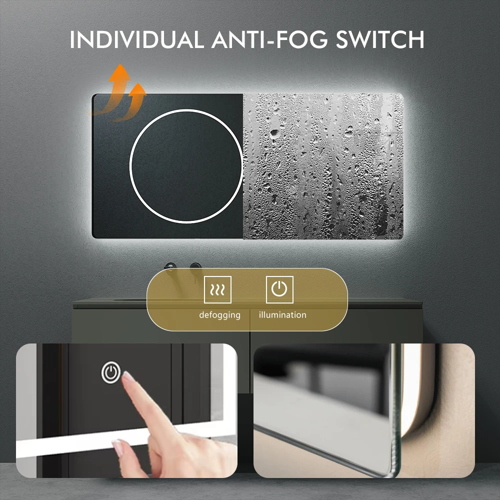 Aluminum Alloy Frame Rectangle Shape Wall Mounted Makeup Mirror Bathroom LED Light Mirror Bath Smart Anti-fog