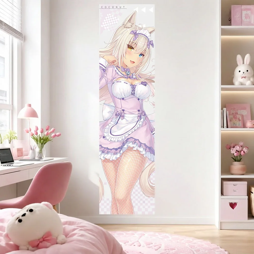 Anime Nekopara Coconut Tapestry Nekomimi Maid Girl Purple Lolita Outfit Checkered Background Wall Hanging Otaku Room Background