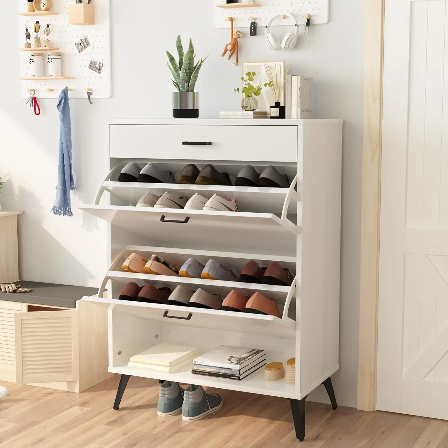 

Wooden Freestanding Shoe Cabinet with 2 Hidden Flip Drawers, Modern Narrow Organizer for Entryway - White