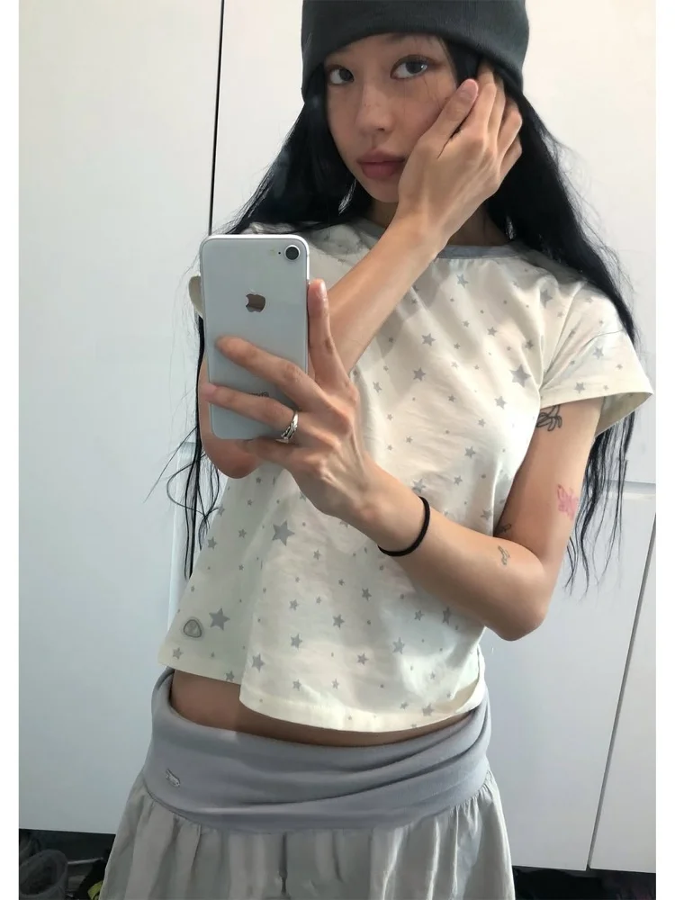 

Retro Star Print round Ne Slim Fit ort Sve T-irt Casual Versatile Breathable Wear Resistant Cotton Ladies Top