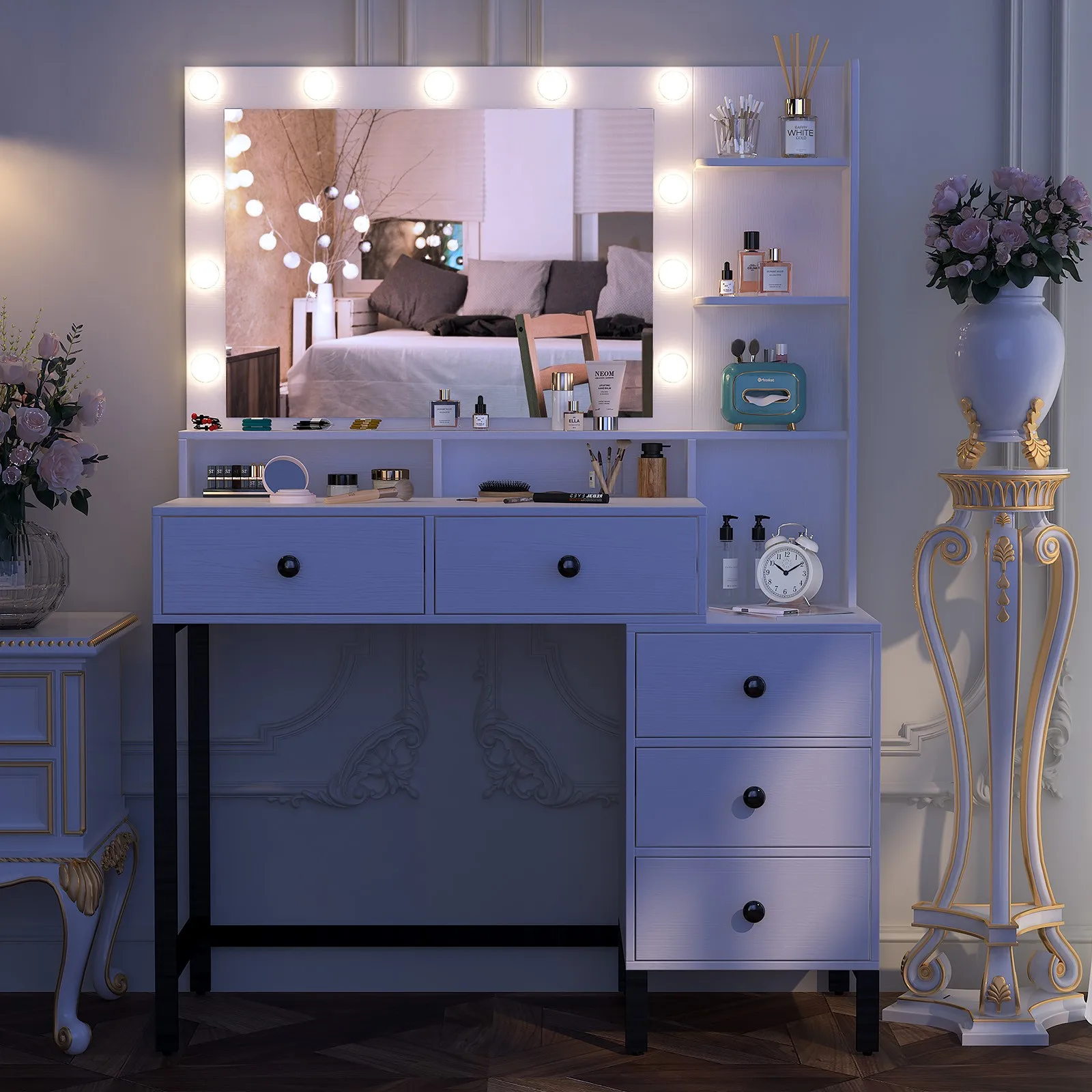 Tocador de maquillaje, escritorio de tocador de maquillaje blanco moderno con 5 cajones y 10 espejos LED para dormitorio