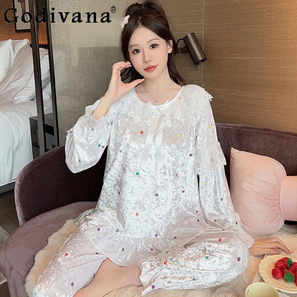 French Court Style Pajamas Women's Autumn Winter New Velvet Lace Sleepshirts Set Sweet Princess Loungewear Nightgowns