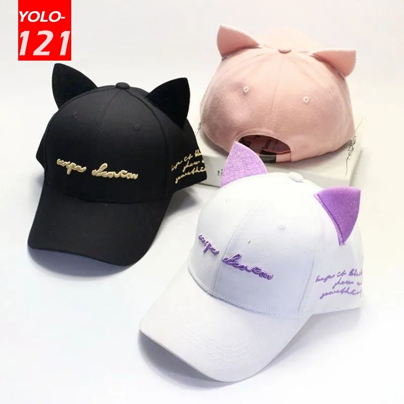 Cute Cat Ears Baseball Cap Women Cartoon Caps Letter Embroidered Sun Hat Designer Cap for Ladies Casual Fashion Snapback Cap