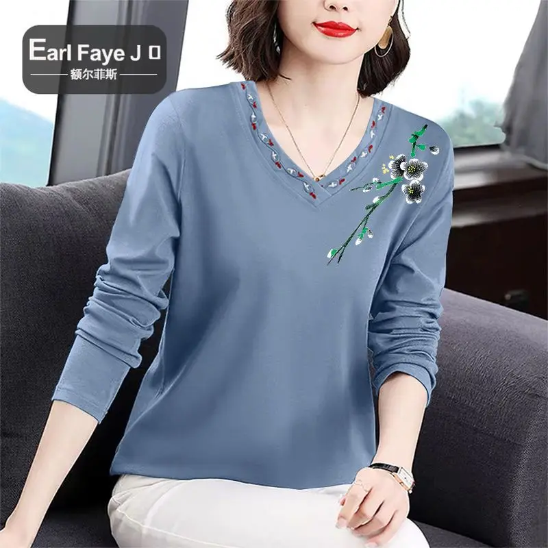 Embroidery Floral Printed V Neck Loose Cotton Basic Tee T Shirt Femmes 2023 Spring Autumn Women Casual Long Sleeve Tops Clothing