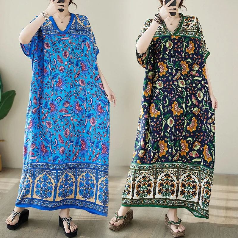 

Retro n Long Skirt Women's Loose Fit V-Ne Ultra Faionable Oversized Cotton Gauze Maxi Dr Summer Commute Sle