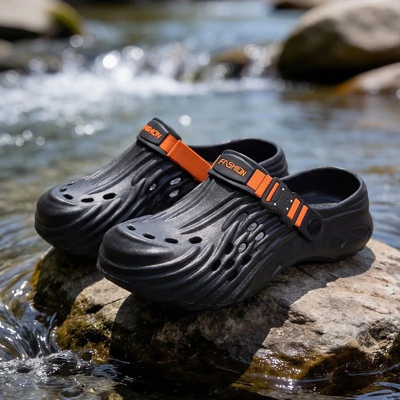 

Black trend hole shoes men's outdoor creek shoes wear beach shoes one-word slippers men's bag head drag casual sandals