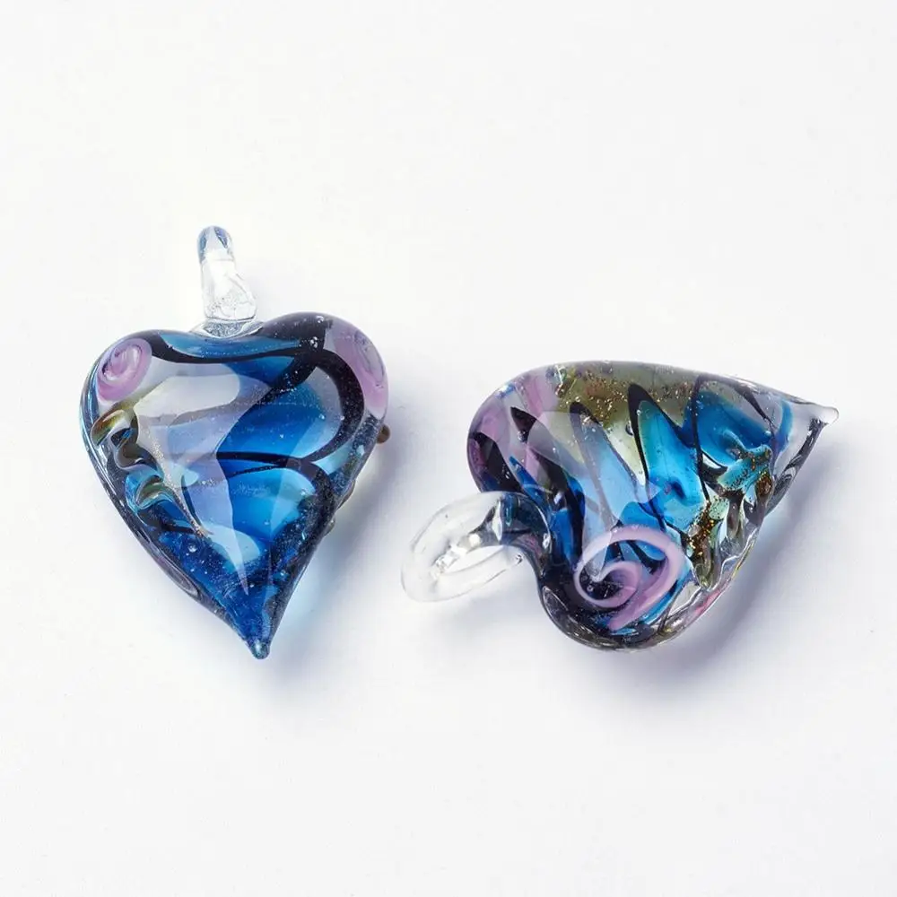 Handmade Gold Sand Heart Lampwork Pendants Inner Flower Mixed Color 41~47x28~31x14~18mm Hole: 4~8mm 12pcs/box